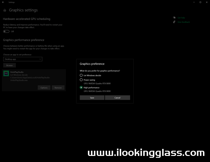 如何强制 Looking Glass Studio 使用我的专用 GPU？
